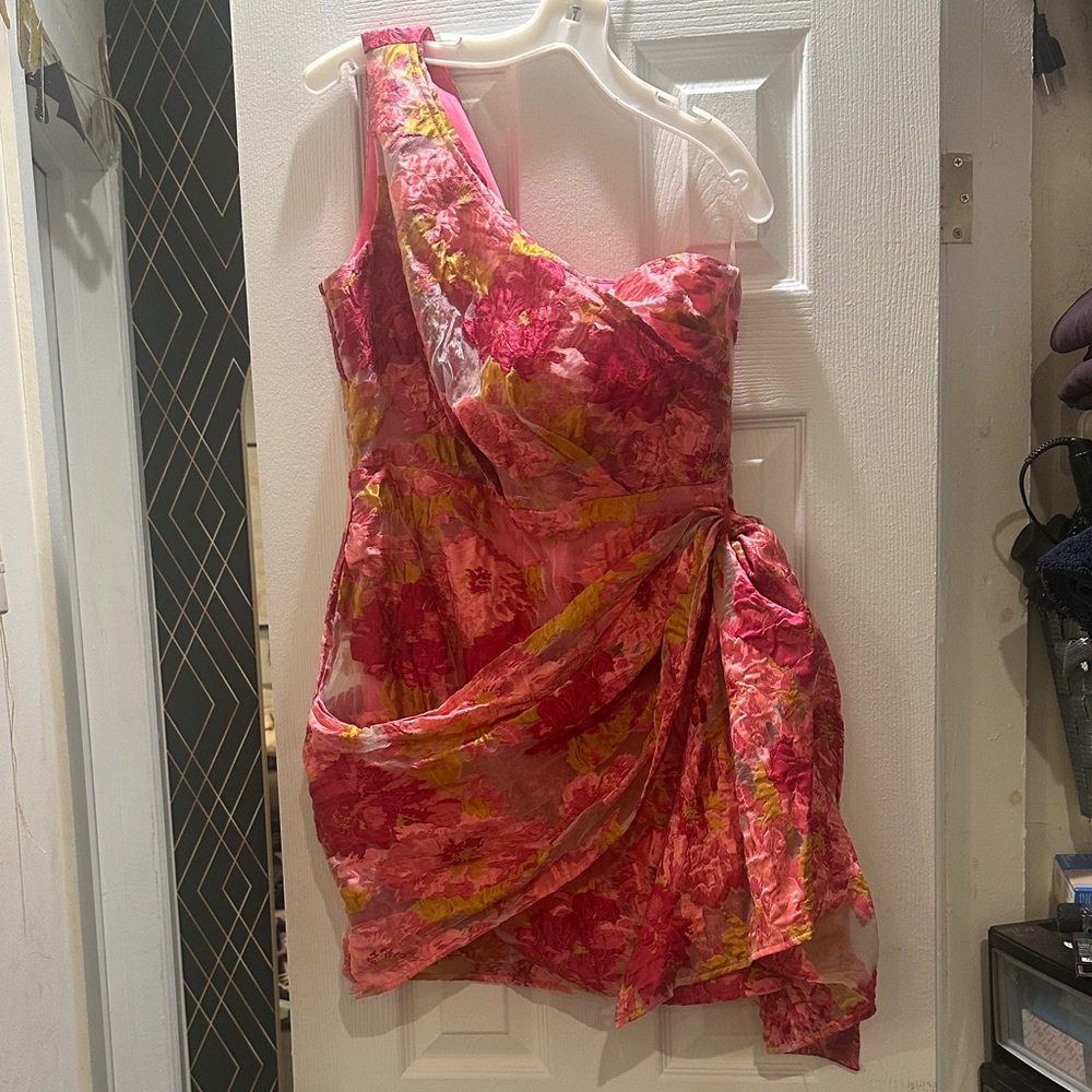 Showpo Vibrant Pink and Yellow One-Shoulder Dress